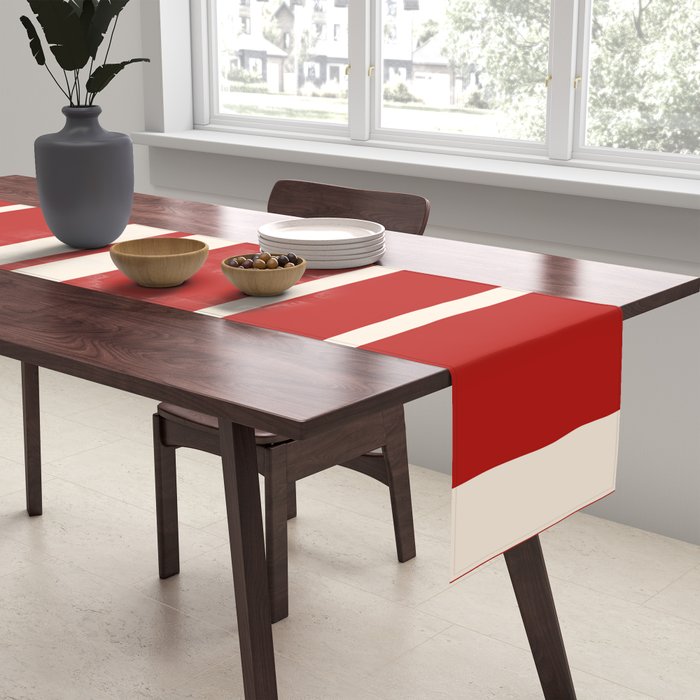 Mid Century Modern Minimalist Geo Chain Geometric Block Stripe Pattern in Red and Cream Table Runner Gallery Image 2