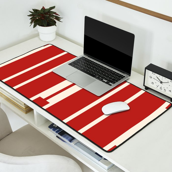 Mid Century Modern Minimalist Geo Chain Geometric Block Stripe Pattern in Red and Cream Desk Mat Gallery Image 2