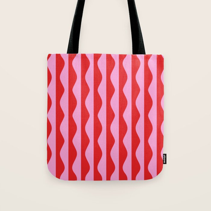 Retro Wavy Lines Pattern in Red & Pink Tote Bag Gallery Image 1