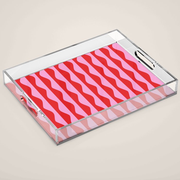 Retro Wavy Lines Pattern in Red & Pink Acrylic Tray Gallery Image 1