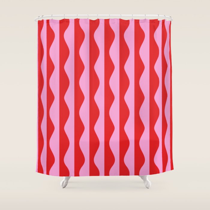 Retro Wavy Lines Pattern in Red & Pink Shower Curtain Gallery Image 1