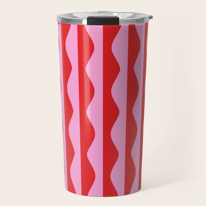 Retro Wavy Lines Pattern in Red & Pink Travel Mug Gallery Image 1