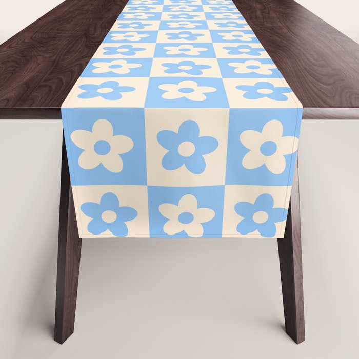 90s flowers checkers cream and blue Table Runner Gallery Image 1