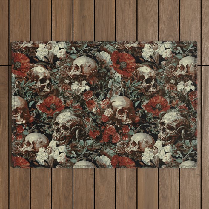 Skull and Floral Pattern Outdoor Rug Gallery Image 1