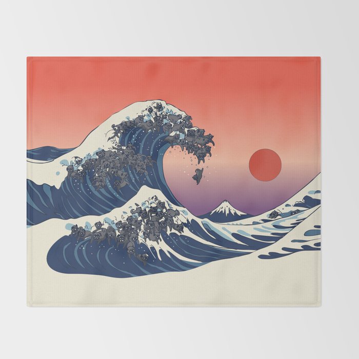 The Great Wave of Black Pug Throw Blanket Gallery Image 2