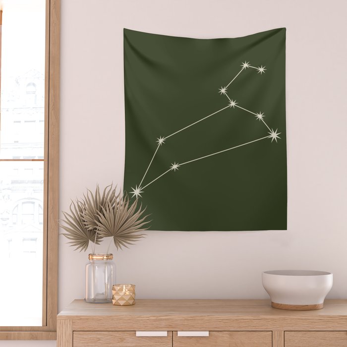 Leo Zodiac Star Constellation Line Art Moss Green Wall Tapestry Gallery Image 2