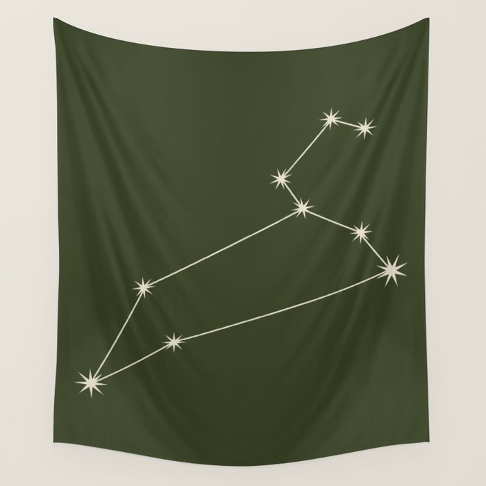 Leo Zodiac Star Constellation Line Art Moss Green Wall Tapestry Gallery Image 4