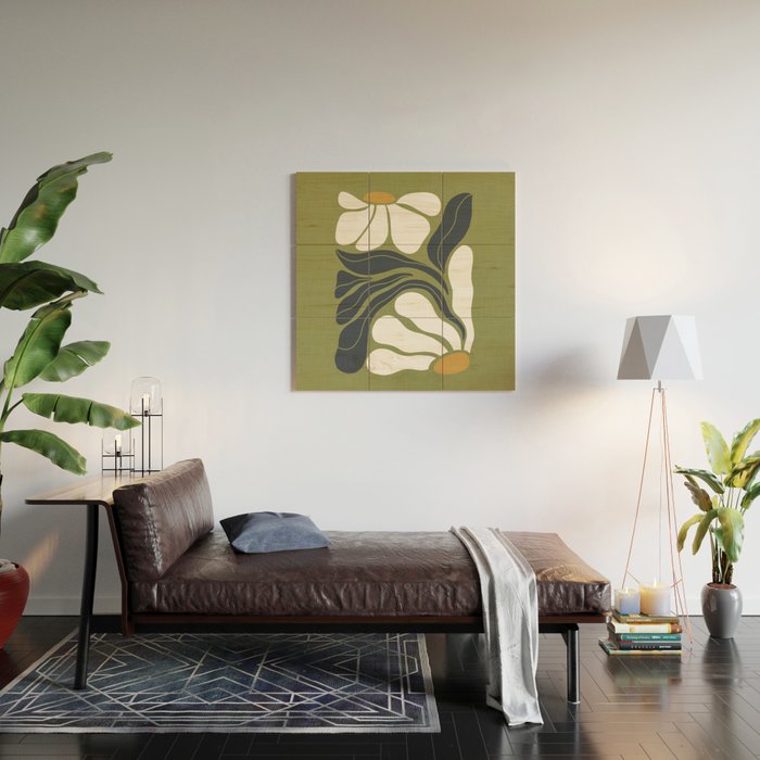 Modern Boho Art Nouveau Floral 3.3 ochre green grey Wood Wall Art Gallery Image 2