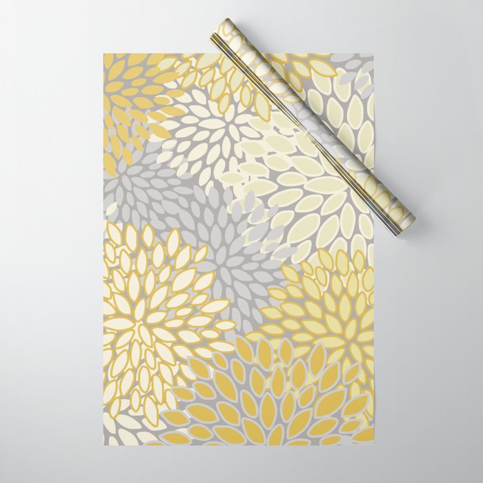 Floral Prints, Soft Yellow and Gray, Modern Print Art Wrapping Paper Gallery Image 1