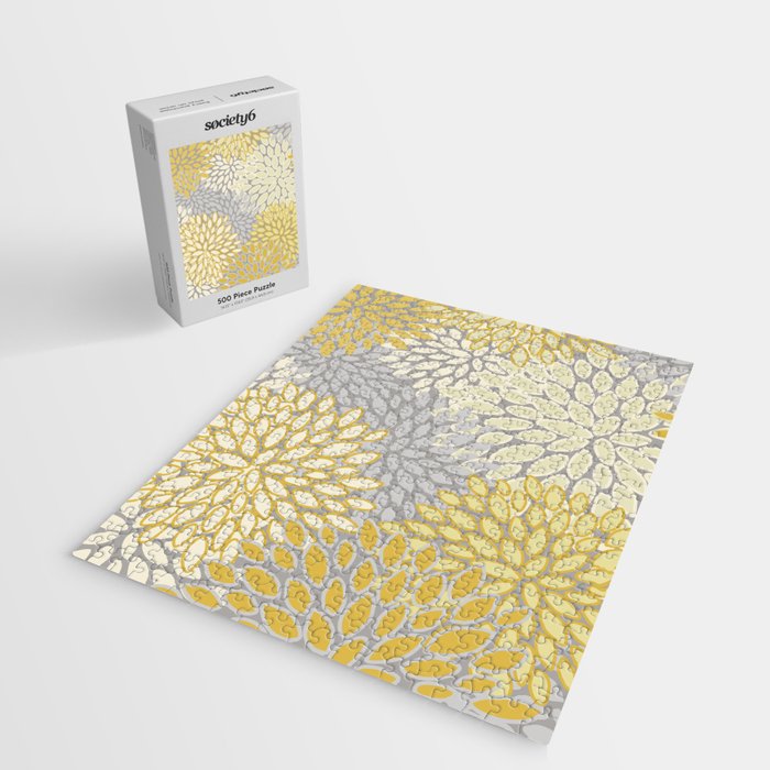 Floral Prints, Soft Yellow and Gray, Modern Print Art Jigsaw Puzzle Gallery Image 2