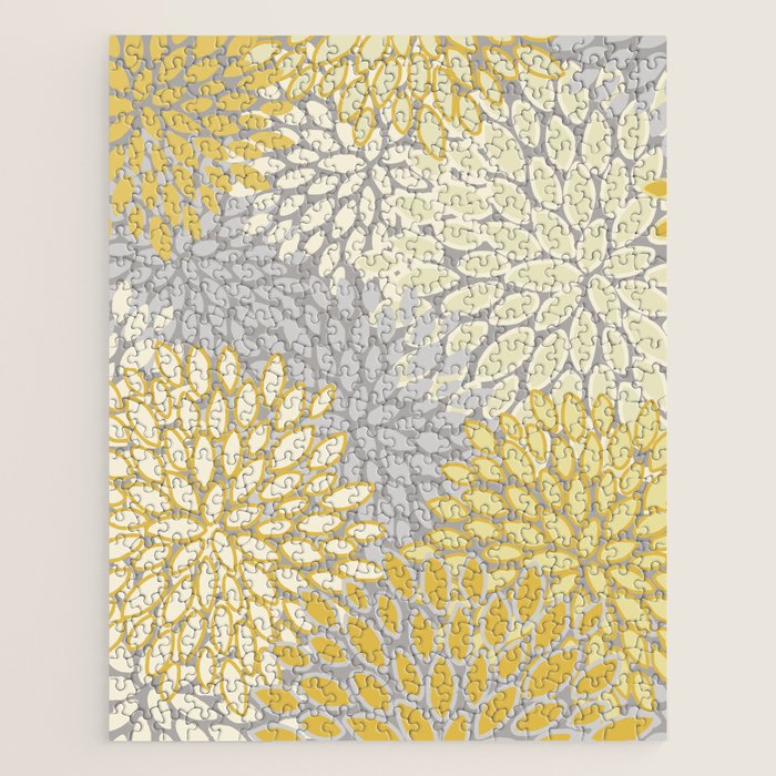 Floral Prints, Soft Yellow and Gray, Modern Print Art Jigsaw Puzzle Gallery Image 1