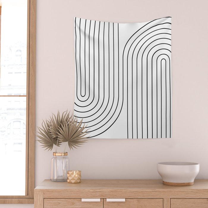 Minimal Line Curvature I Black and White Mid Century Modern Arch Abstract Wall Tapestry Gallery Image 2