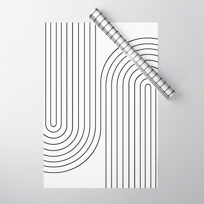 Minimal Line Curvature I Black and White Mid Century Modern Arch Abstract Wrapping Paper Gallery Image 1