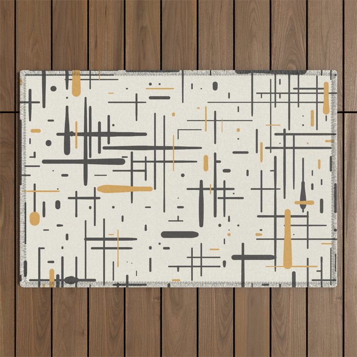 Mid-Century Modern Kinetikos Pattern in Charcoal Gray, Muted Mustard Gold, and Cream Outdoor Rug Gallery Image 1