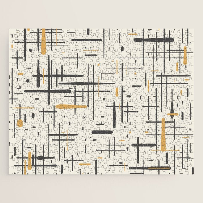 Mid-Century Modern Kinetikos Pattern in Charcoal Gray, Muted Mustard Gold, and Cream Jigsaw Puzzle Gallery Image 1