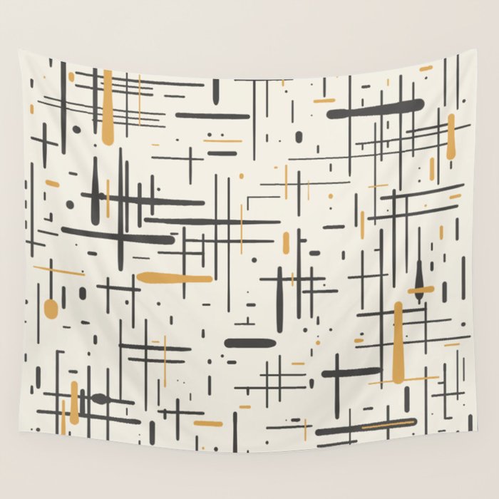 Mid-Century Modern Kinetikos Pattern in Charcoal Gray, Muted Mustard Gold, and Cream Wall Tapestry Gallery Image 4
