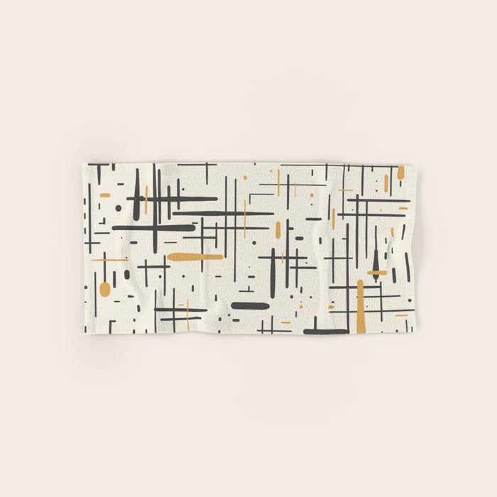 Mid-Century Modern Kinetikos Pattern in Charcoal Gray, Muted Mustard Gold, and Cream Hand & Bath Towel Gallery Image 1
