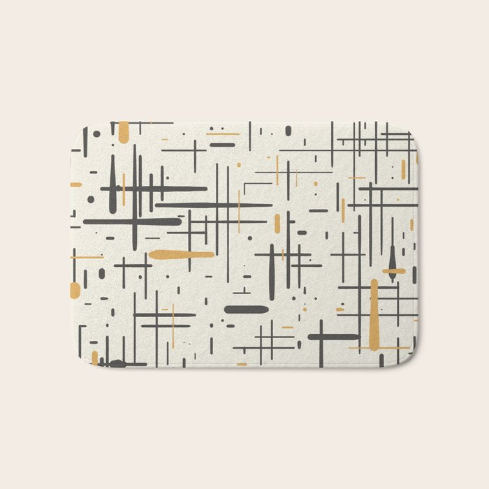 Mid-Century Modern Kinetikos Pattern in Charcoal Gray, Muted Mustard Gold, and Cream Bath Mat Gallery Image 1