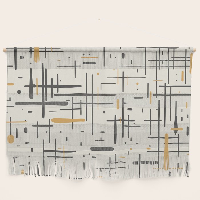 Mid-Century Modern Kinetikos Pattern in Charcoal Gray, Muted Mustard Gold, and Cream Wall Hanging Gallery Image 1