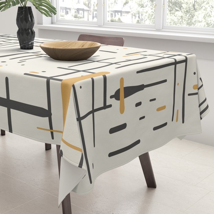 Mid-Century Modern Kinetikos Pattern in Charcoal Gray, Muted Mustard Gold, and Cream Tablecloth Gallery Image 3
