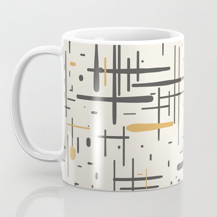 Mid-Century Modern Kinetikos Pattern in Charcoal Gray, Muted Mustard Gold, and Cream Coffee Mug Gallery Image 3