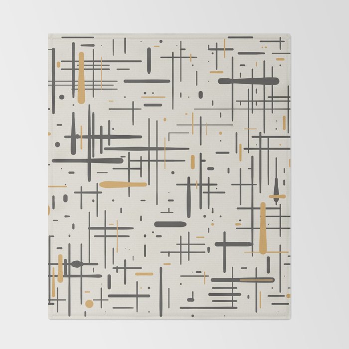 Mid-Century Modern Kinetikos Pattern in Charcoal Gray, Muted Mustard Gold, and Cream Throw Blanket Gallery Image 2