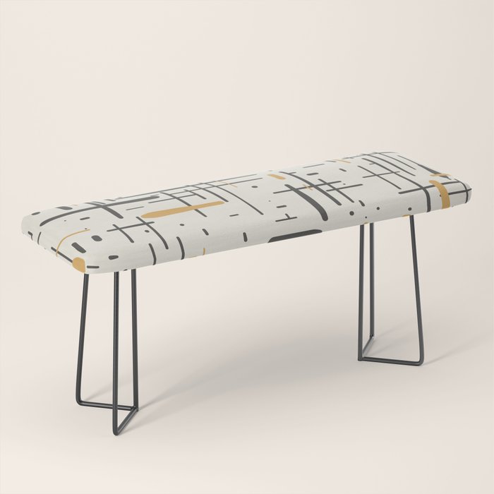 Mid-Century Modern Kinetikos Pattern in Charcoal Gray, Muted Mustard Gold, and Cream Bench Gallery Image 1