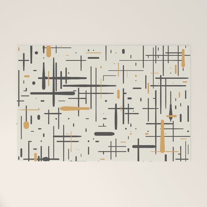 Mid-Century Modern Kinetikos Pattern in Charcoal Gray, Muted Mustard Gold, and Cream Welcome Mat Gallery Image 1