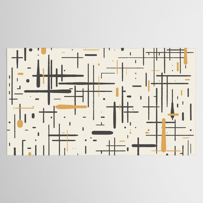 Mid-Century Modern Kinetikos Pattern in Charcoal Gray, Muted Mustard Gold, and Cream Tablecloth Gallery Image 2