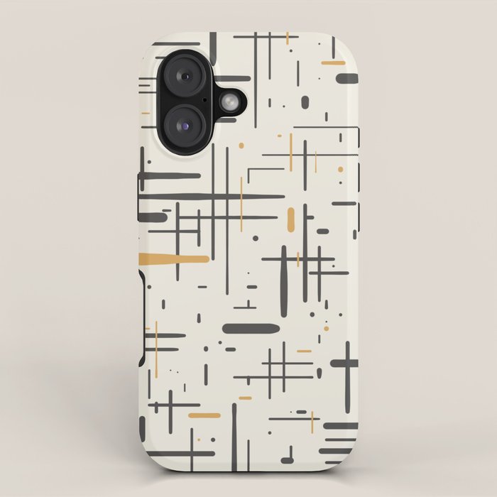 Mid-Century Modern Kinetikos Pattern in Charcoal Gray, Muted Mustard Gold, and Cream iPhone Case Gallery Image 1