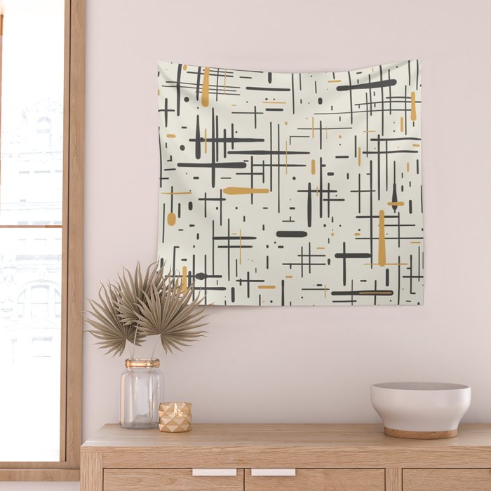 Mid-Century Modern Kinetikos Pattern in Charcoal Gray, Muted Mustard Gold, and Cream Wall Tapestry Gallery Image 2