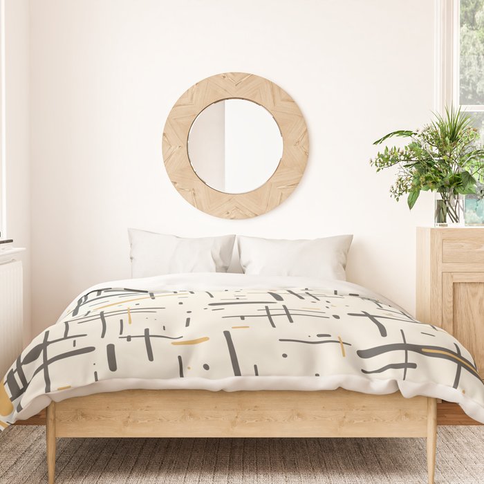 Mid-Century Modern Kinetikos Pattern in Charcoal Gray, Muted Mustard Gold, and Cream Duvet Cover Gallery Image 3