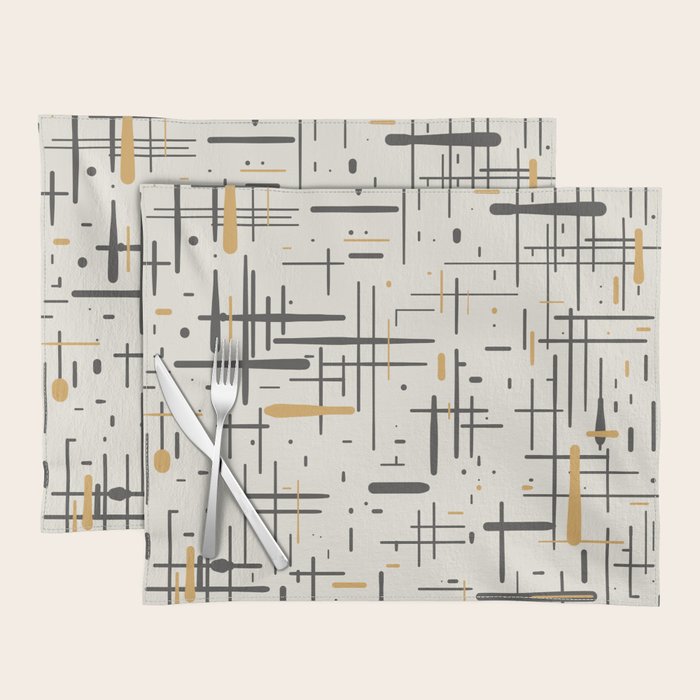 Mid-Century Modern Kinetikos Pattern in Charcoal Gray, Muted Mustard Gold, and Cream Placemat Gallery Image 1