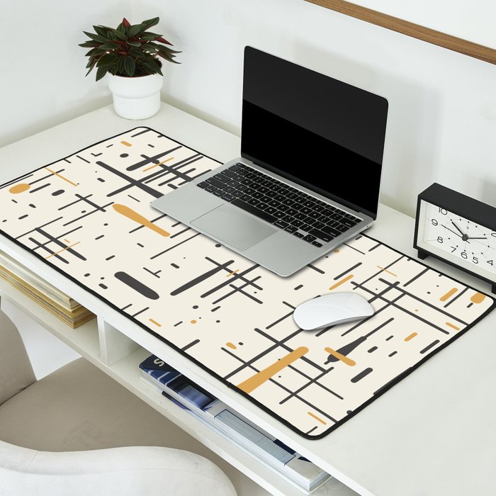 Mid-Century Modern Kinetikos Pattern in Charcoal Gray, Muted Mustard Gold, and Cream Desk Mat Gallery Image 2