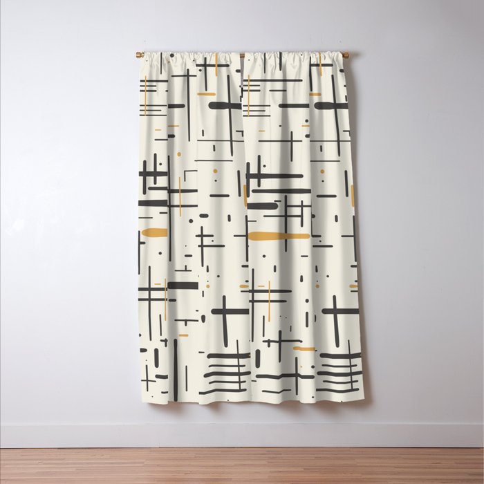 Mid-Century Modern Kinetikos Pattern in Charcoal Gray, Muted Mustard Gold, and Cream Window Curtain Gallery Image 3