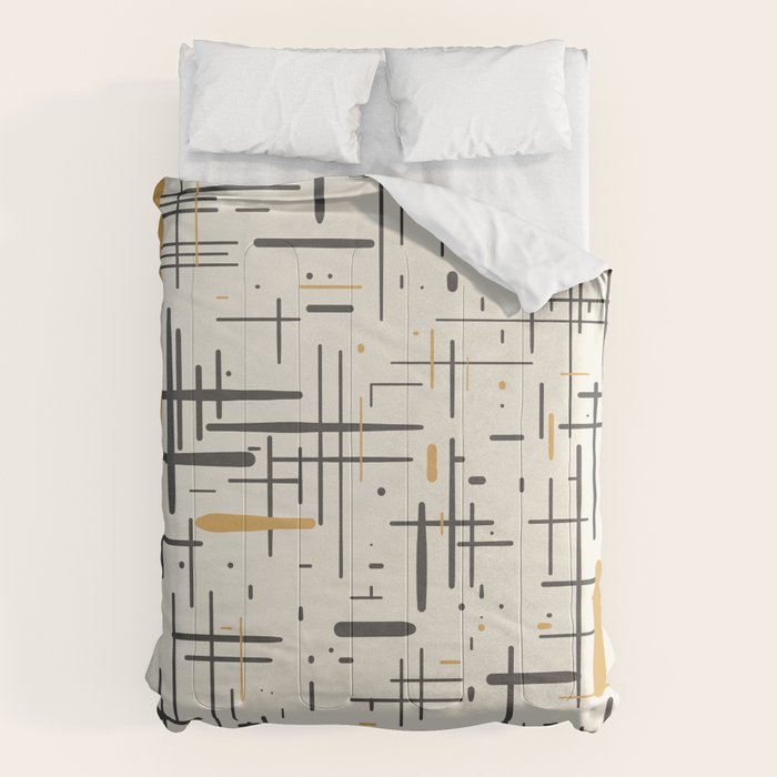Mid-Century Modern Kinetikos Pattern in Charcoal Gray, Muted Mustard Gold, and Cream Comforter Gallery Image 1