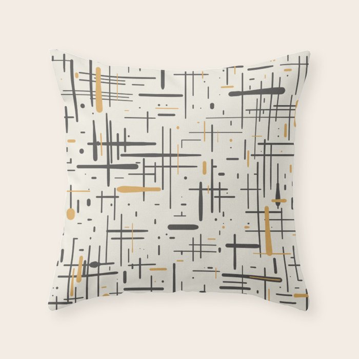 Mid-Century Modern Kinetikos Pattern in Charcoal Gray, Muted Mustard Gold, and Cream Throw Pillow Gallery Image 6