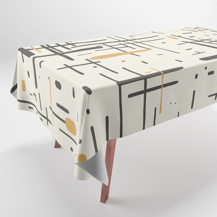 Mid-Century Modern Kinetikos Pattern in Charcoal Gray, Muted Mustard Gold, and Cream Tablecloth Gallery Image 1