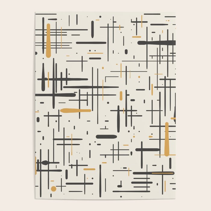 Mid-Century Modern Kinetikos Pattern in Charcoal Gray, Muted Mustard Gold, and Cream Poster Gallery Image 1