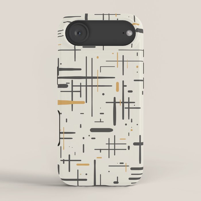 Mid-Century Modern Kinetikos Pattern in Charcoal Gray, Muted Mustard Gold, and Cream iPhone Case Gallery Image 2