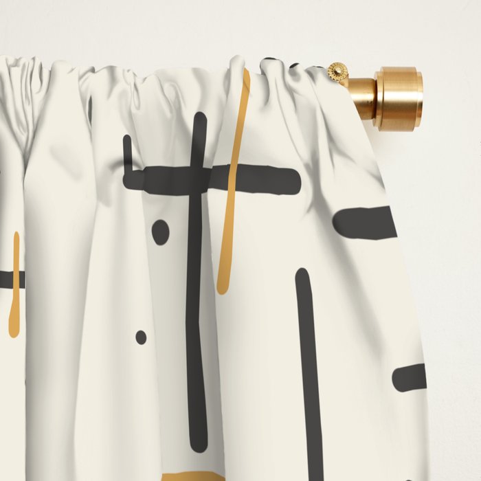 Mid-Century Modern Kinetikos Pattern in Charcoal Gray, Muted Mustard Gold, and Cream Window Curtain Gallery Image 2