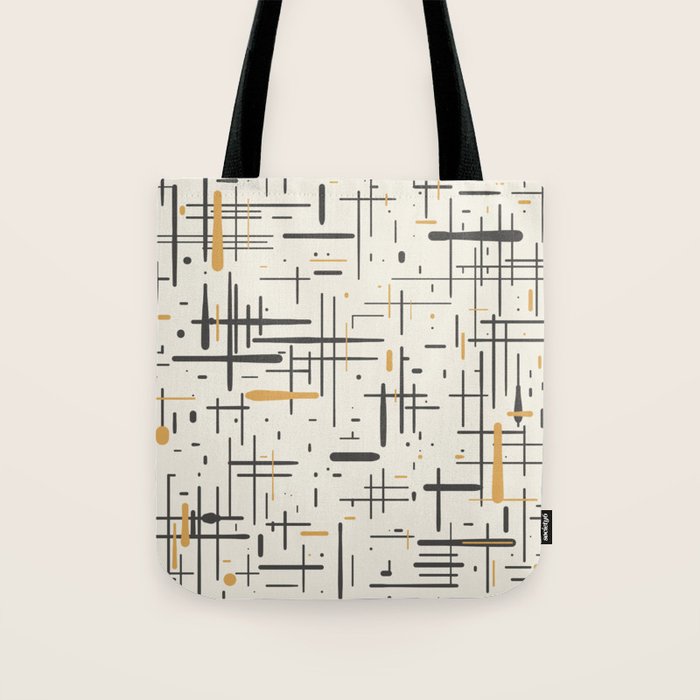 Mid-Century Modern Kinetikos Pattern in Charcoal Gray, Muted Mustard Gold, and Cream Tote Bag Gallery Image 1