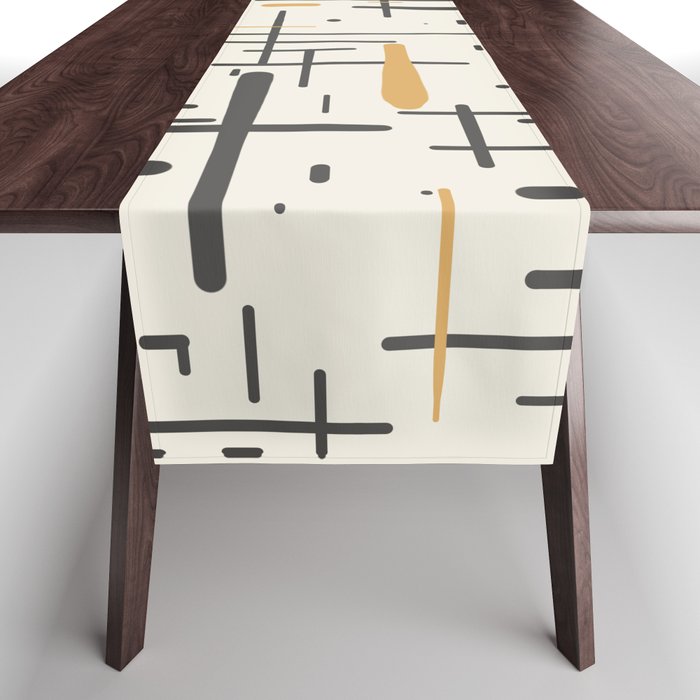 Mid-Century Modern Kinetikos Pattern in Charcoal Gray, Muted Mustard Gold, and Cream Table Runner Gallery Image 1