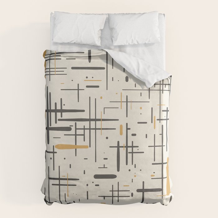 Mid-Century Modern Kinetikos Pattern in Charcoal Gray, Muted Mustard Gold, and Cream Duvet Cover Gallery Image 6