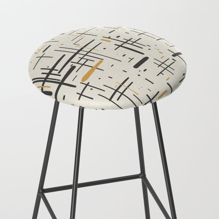 Mid-Century Modern Kinetikos Pattern in Charcoal Gray, Muted Mustard Gold, and Cream Stool Gallery Image 2