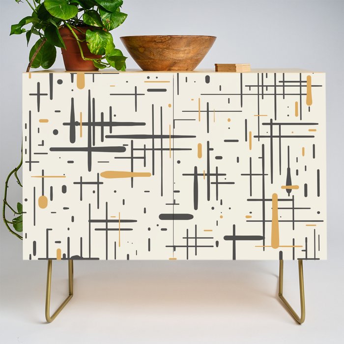 Mid-Century Modern Kinetikos Pattern in Charcoal Gray, Muted Mustard Gold, and Cream Credenza Gallery Image 1