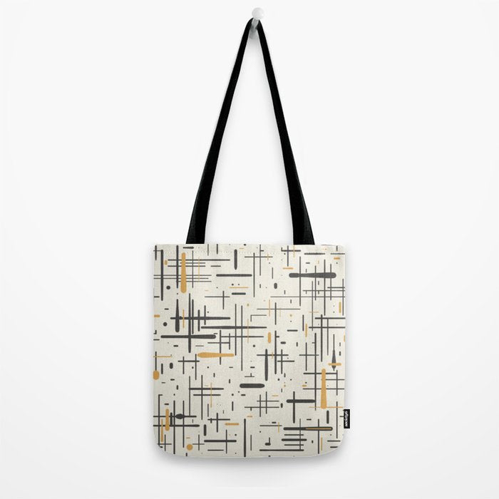 Mid-Century Modern Kinetikos Pattern in Charcoal Gray, Muted Mustard Gold, and Cream Tote Bag Gallery Image 2