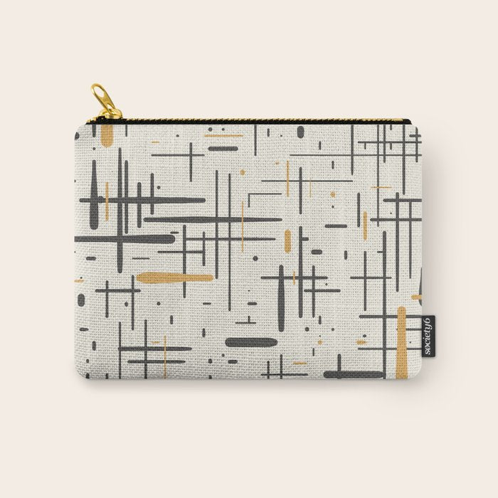 Mid-Century Modern Kinetikos Pattern in Charcoal Gray, Muted Mustard Gold, and Cream Carry All Pouch Gallery Image 1