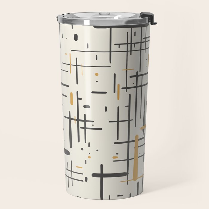 Mid-Century Modern Kinetikos Pattern in Charcoal Gray, Muted Mustard Gold, and Cream Travel Mug Gallery Image 2