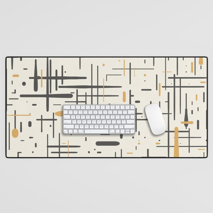 Mid-Century Modern Kinetikos Pattern in Charcoal Gray, Muted Mustard Gold, and Cream Desk Mat Gallery Image 1